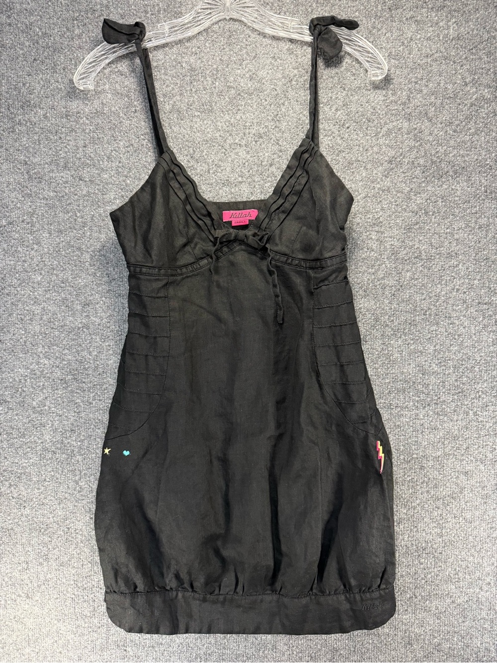 Vintage Killah by Miss Sixty Linen Black Babydoll Dress w/ retro embroidery alt.
